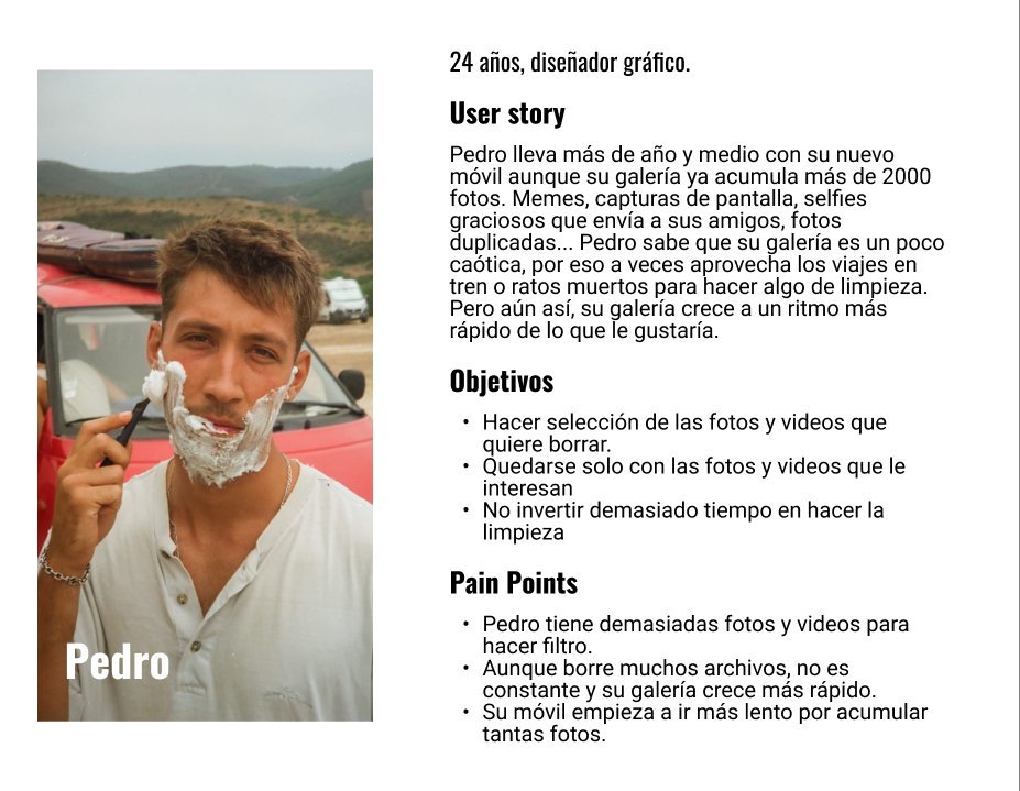 User persona: Pedro, 24 años, diseñador gráfico