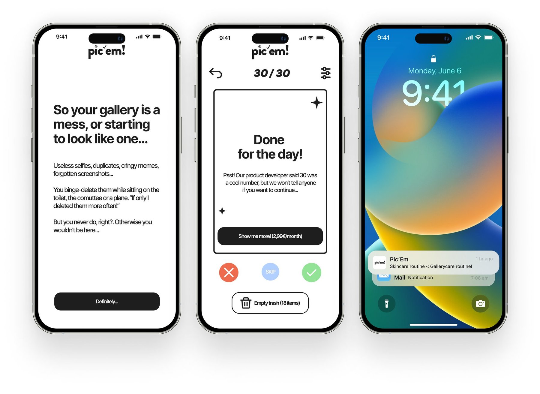 Pantallas con el UX writing de Pic'em: onboarding, fin de sesión y notificación